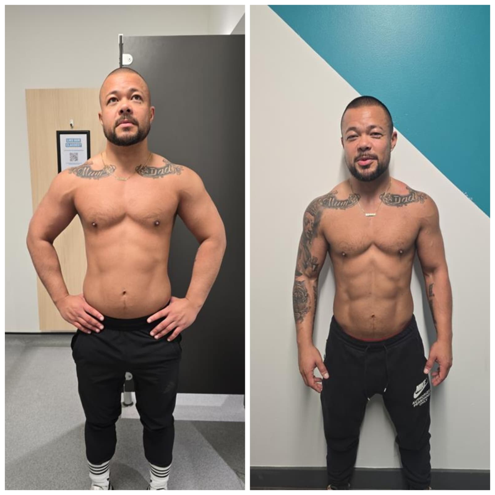 Conrad's 12-week transformation collage showing before and after from the front